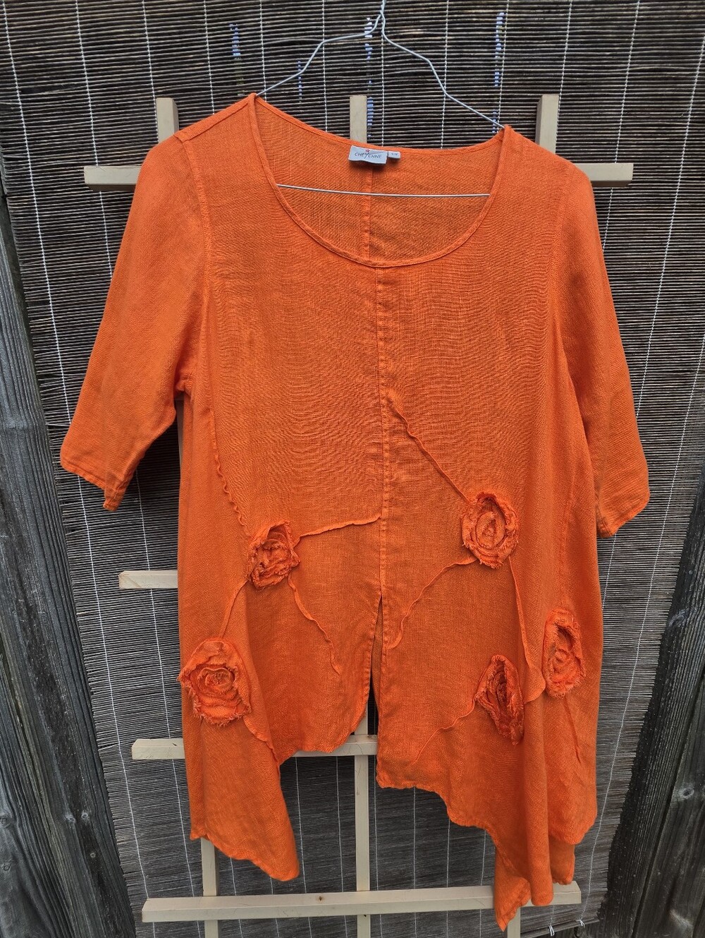 Cheyenne Art to Wear Linen Tunic Orange Lagenlook Boho Floral Applique S/M